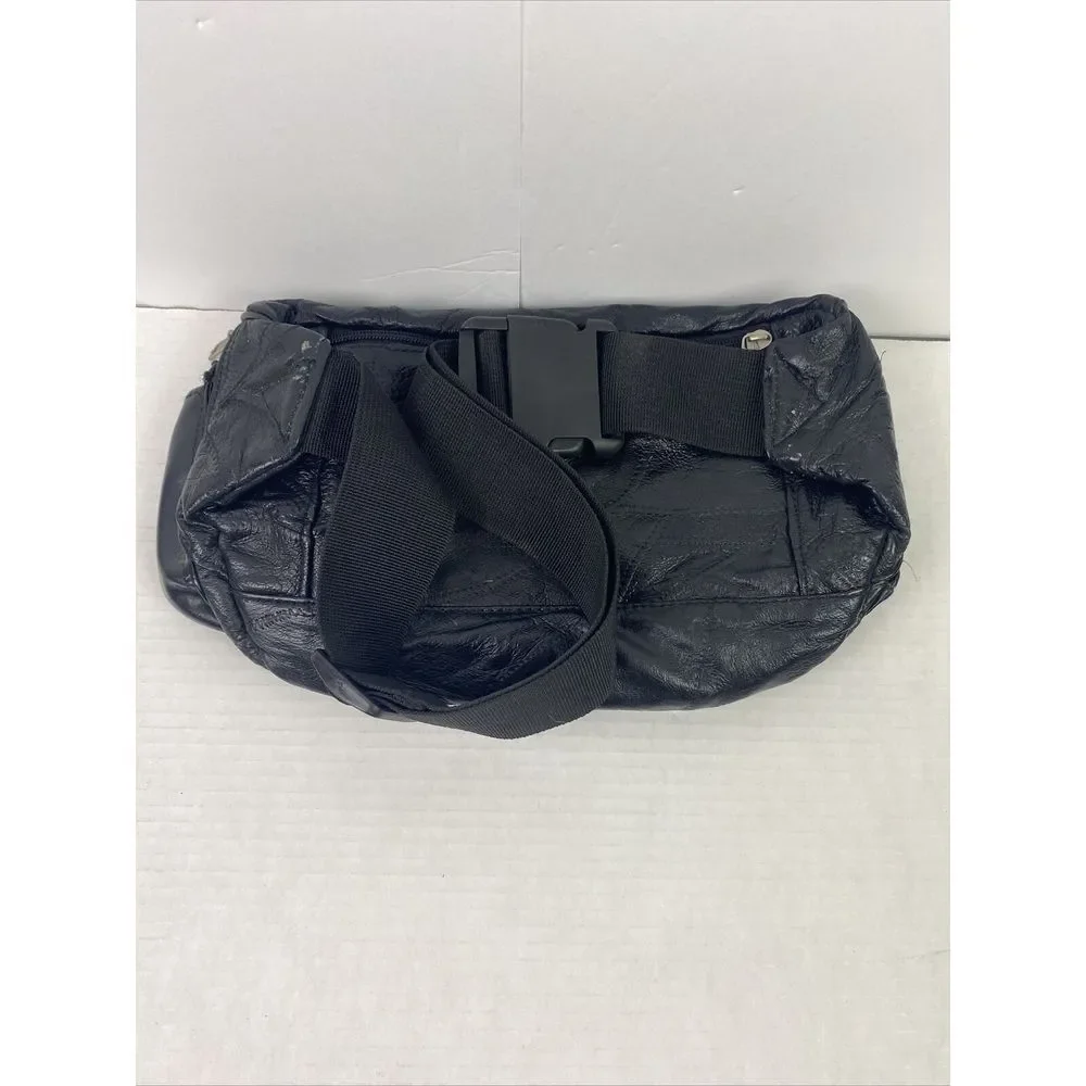 Vintage 90's Fanny Pack Waist Bag Black Faux Leather Unisex‎ Zippers ISAKA